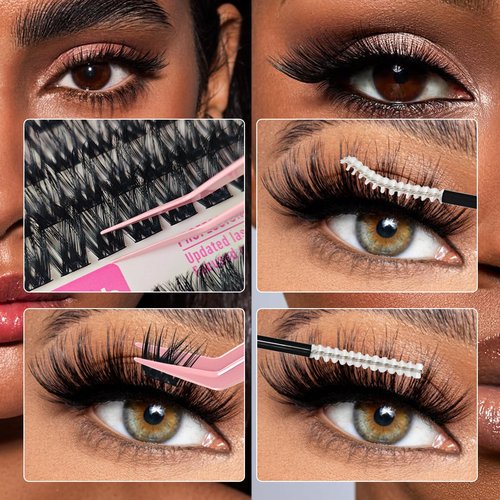 Lash Clusters Kit Eyelash Extensions Natural Fluffy Lashes Waterproof Wispy Individual Fake D Curl with Bond and Seal Tweezers(Natural Z1)