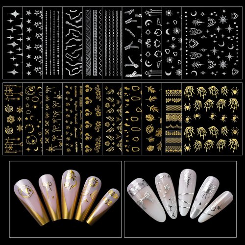 Teenitor Nail Charms and Gems with Nail Stickers, 6 Boxes Silver & Gold Nail Gems and Rhinestones Kit for Women, 3D Nail Art Rhinestones Nail Pearls, Caviar Beads for Nails,Y2K & Cross Nail Charms