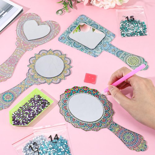 Threehoney 4 Pcs Diamond Painting Mirror Handheld Kits Valentine Christmas Art Gifts Compact Decorate Your Own Mirror for Hand DIY Crafts