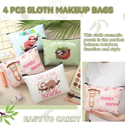 SilTriangle 4 Pack Sloth Cosmetic Bags for Girls Women Sloth Lovers Canvas Cute Makeup Bags with Zipper Travel Toiletry Organizer Pouch for Backpack Luggage Gifts for Birthday Party Favors