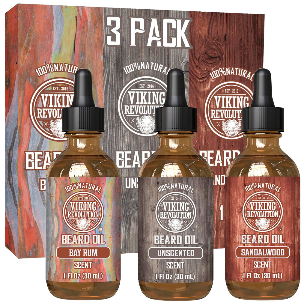 Viking Revolution Beard Oil - Natural Conditioning Oil Variety Set | Sandalwood, Unscented & Bay Rum (3 Pack, 1oz)