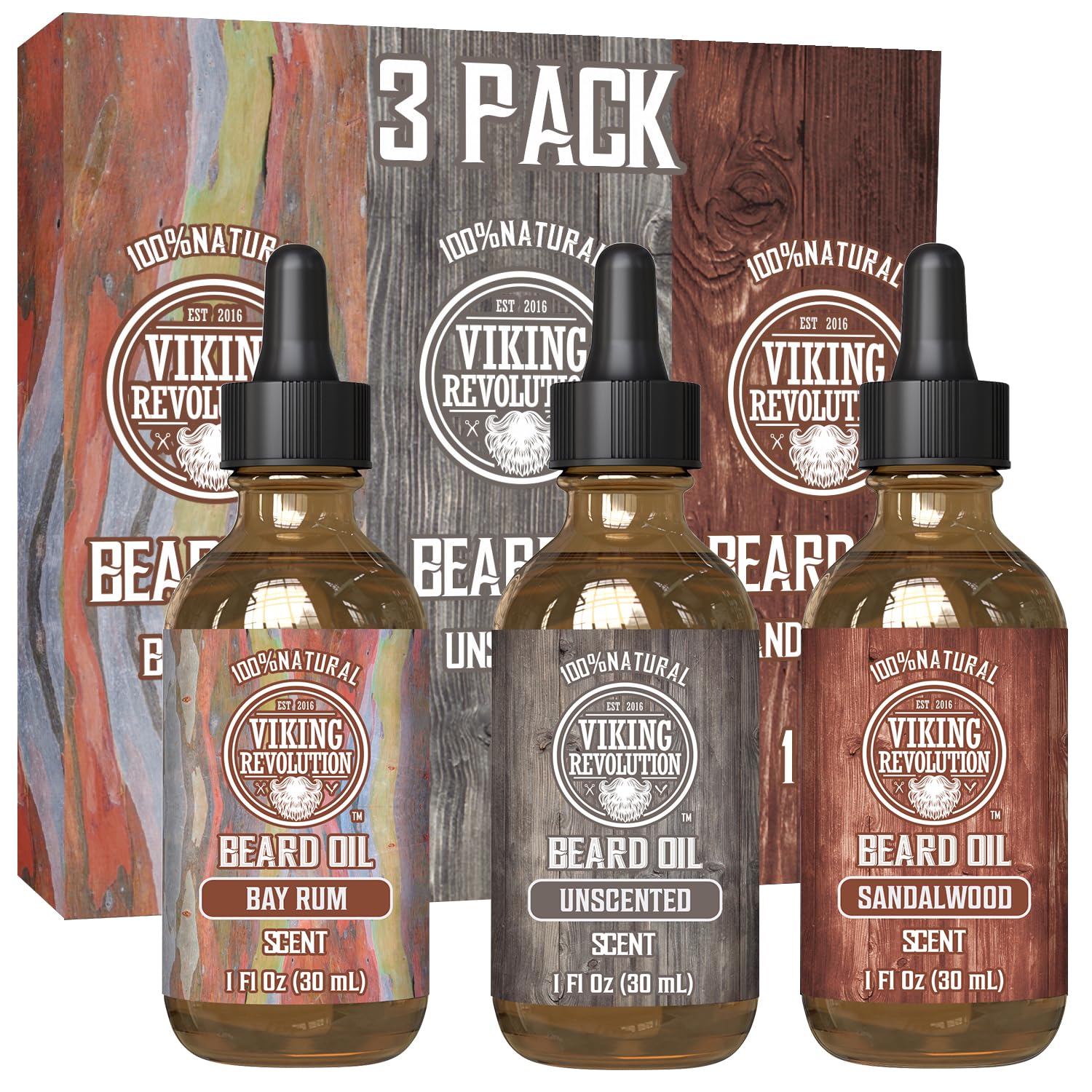 Viking Revolution Beard Oil - Natural Conditioning Oil Variety Set | Sandalwood, Unscented & Bay Rum (3 Pack, 1oz)
