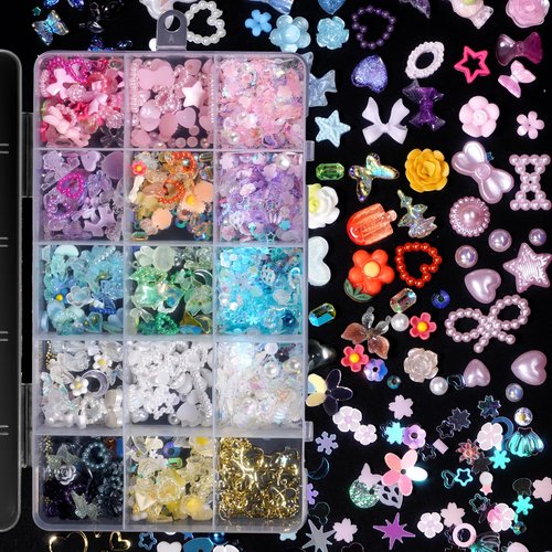 CESUSME Mix3D Assorted Color Nail Charms Multi Pink Blue Purple White Glitter Heart Flower Butterfly Bow Cute Charms Hollow White Pearls Nail Charms Acrylic Nail Art Manicure DIY Crafts Accessories