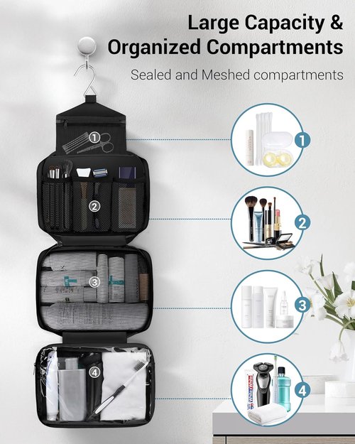Maliton Toiletry Bag - Waterproof Travel Organizer for Men & Women | Large Hanging Design, 4 Compartments (Black)