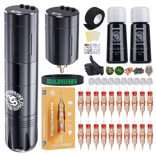 Dragonhawk X3 Pro Wireless Complete Tattoo Kit Pro Beginner Tattoo Gun Machine 2 Rca Batteries Power Supply 20 Tattoo Needles Cartridges