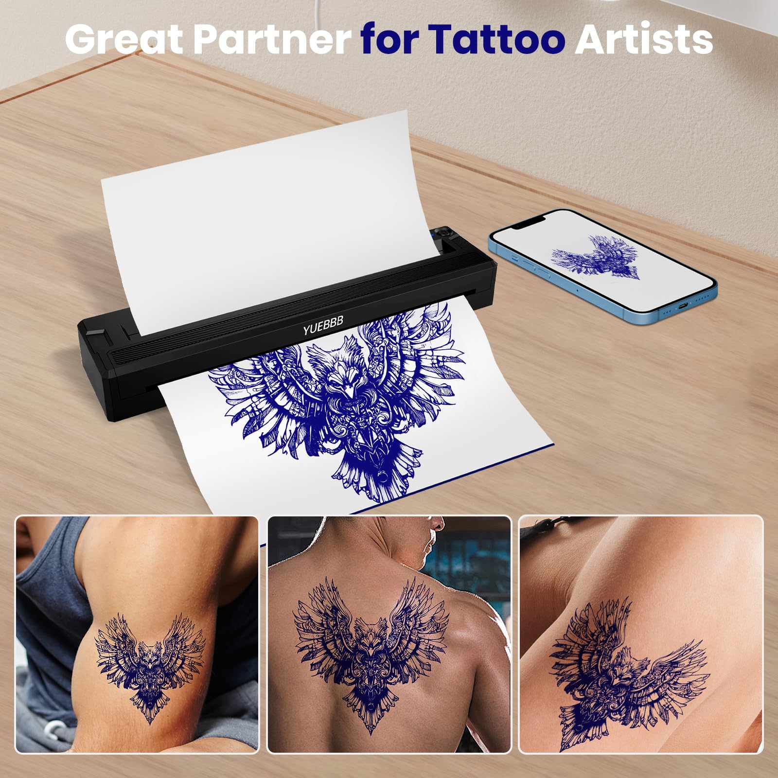 YUEBBB Tattoo Stencil Printer, Portable Printer, Wireless-Bluetooth-Thermal Tattoo Transfer Machine with 10pcs Thermal Papers & 3pcs Transfer Papers, Support Mobile & PC