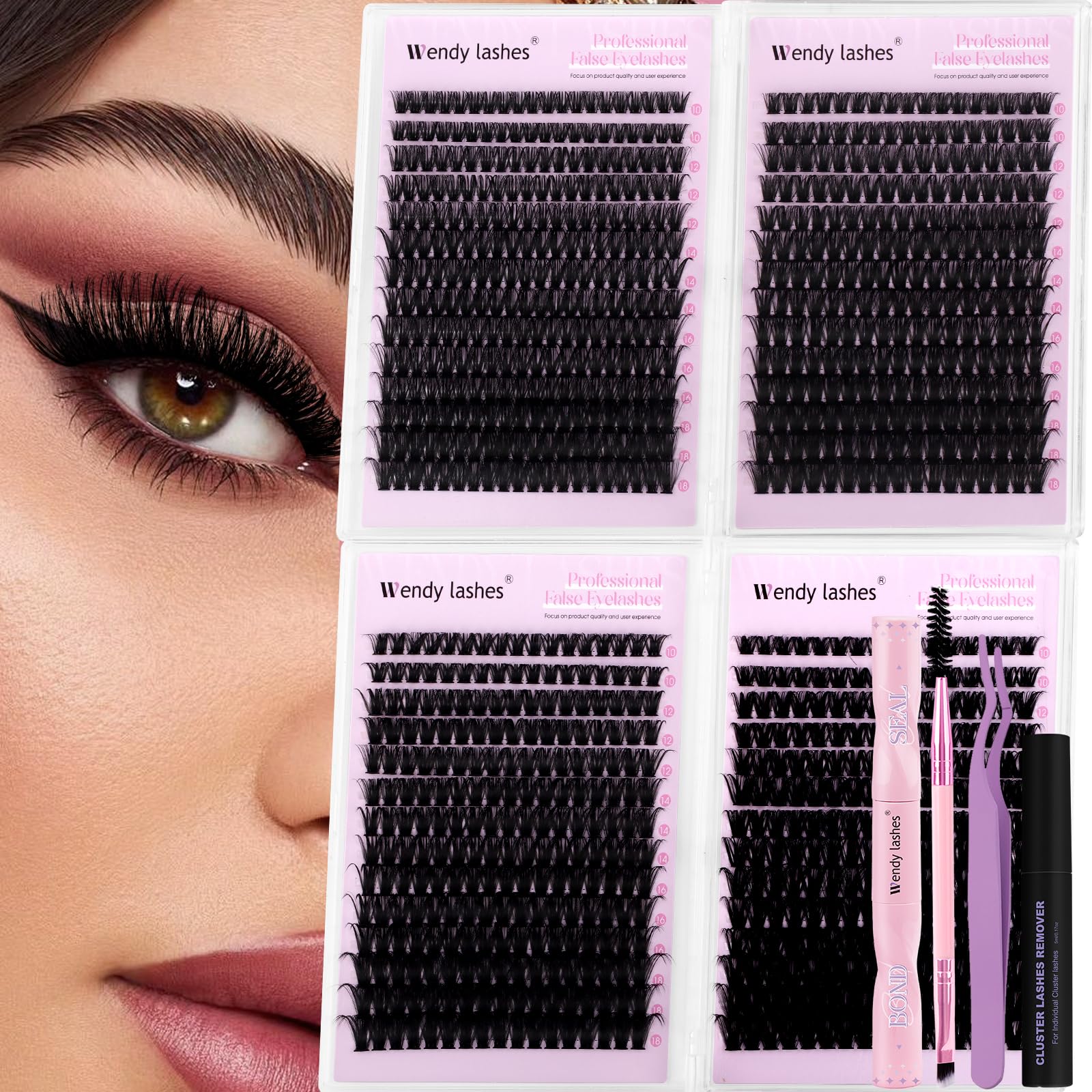 Wendy Lash Clusters Kit Packs: 980-Pcs, 60D, 80D, 80D, 100D, D Curl, 10-18mm Mixed, Cat Eye, Soft, Natural, Fluffy, DIY Eyelash, Individual, Eye lash clusters, Bulk Pack