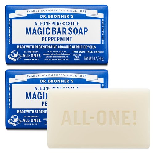 Dr. Bronner's Pure-Castile Soap Bars - Peppermint, 5oz, 2-Pack | Gentle Vegan Cleanser for Face & Body