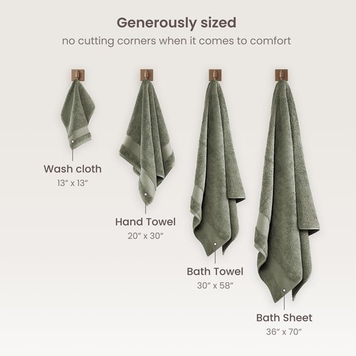 BIOWEAVES 100% Organic Cotton Bath Towel Set | 700 GSM Plush 6-Piece Premium Towel Set GOTS Certified, 2 Bath Towels, 2 Hand Towels & 2 Washcloths - Sage