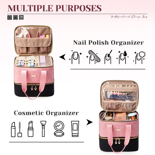 BAGMIND Nail Polish Organizer, Double Layer Nail Organizer and Storage Box Holds 42 Bottles & Nail Tech Kit Supplies, Large Capacity Nail Polish Organizer Case Carrying Bag