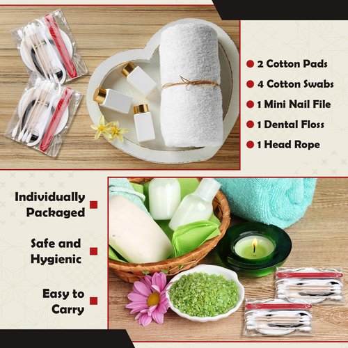 Tondiamo 100 Set Hotel Vanity Kit Individually Wrapped Travel Size Hotel Hospitality Kit Include Disposable Cotton Pads, Cotton Swabs, Hair Tie, Nail File, Dental Floss for Motels Toiletries