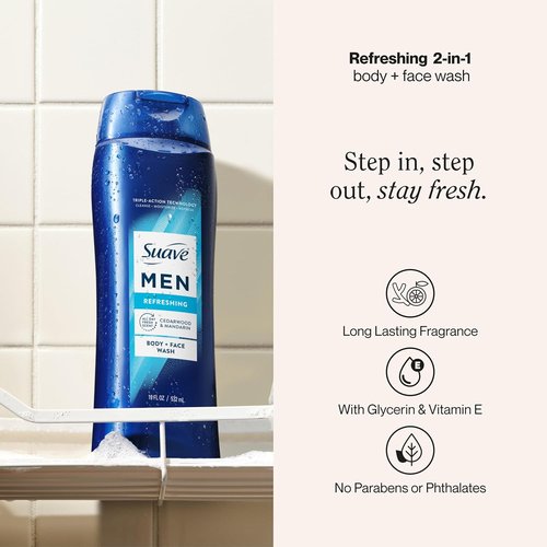 Suave Men Moisturizing Body & Face Wash - Cedarwood & Mandarin Scent | 18 Oz, Pack of 6