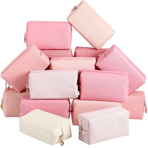 Kigeli 15 Pcs Aesthetic Makeup Bags PU Leather Cosmetic Pouches Waterproof Plain Toiletry Bags Makeup Pouches Bulk for Women Party Gift Travel Storage Organizer(Pink Series)