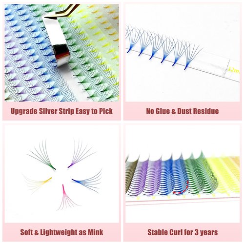 ABONNIE Colored Lash Extensions, 400 pcs Mix Color Premade Fans Eyelash Extension,6D 12mm C Curl lash Extension, Premade Lash Fans Cashmere Lash Extension(6D 0.07-C 12mm)