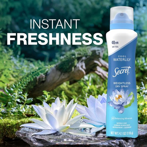 Secret Dry Spray Antiperspirant Deodorant for Women - 48HR Weightless Sweat & Odor Protection | Waterlily & Argan Oil Scent, 4.1 oz (Pack of 3)