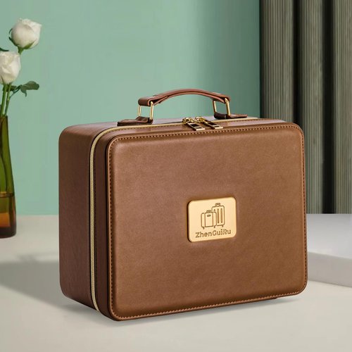Gdsshuhung Makeup Bag with LED Mirror & Magnifier, Large Cosmetic Organizer Travel Makeup Case with Adjustable Brightness & 6 Detachable Dividers, Portable Makeup Storage for Women Girls (Brown)