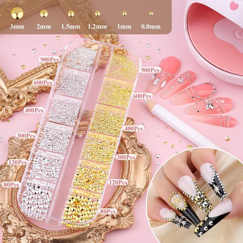7500Pcs 3D Nail Charms, Gold & Silver Tiny Round Metal Nail Art Gems and Flatback White & Beige Pearl Nail Beads, Manicure Decor Accessories with Tweezers, Pick-up Pencil and 15ml Rhinestones Gel Glue