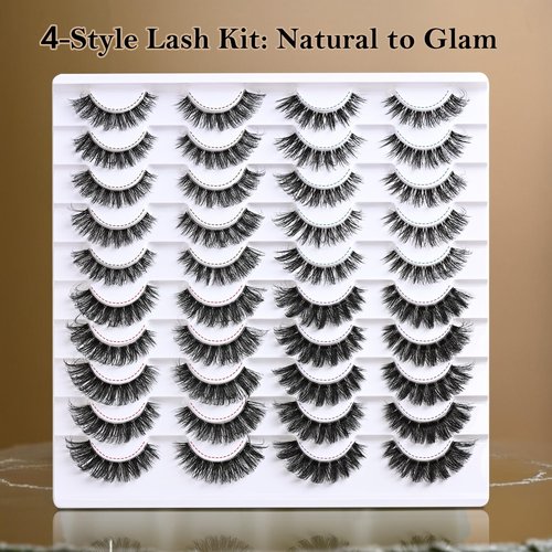 QUNETY Lashes False Eyelashes Cat Eye Lash Strips Variety Styles Clear Band Wispy Eyelash Pack 20 Pairs Fluffy Fake Strip Lash Bulk Natural Look Cateye Mink EyeLash Set Short Demi Wispies Pestañas