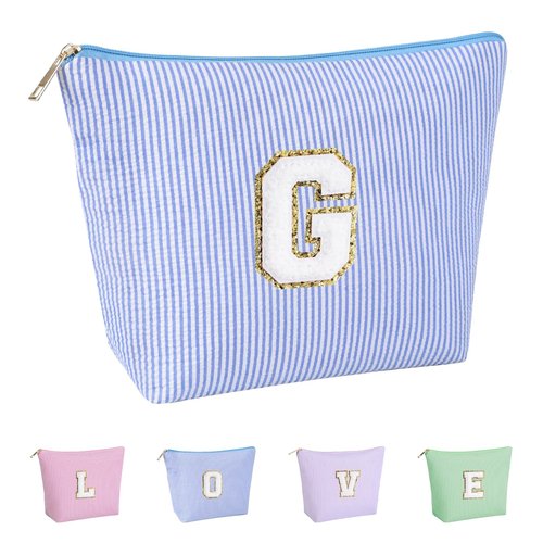 Huifen Personalized Gift Initial Makeup Bag, Cosmetic Bags for Women Travel Toiletry Cute Make Up Bag, Birthday Gift for Kids Teen Girls, Easter Basket Gifts Teacher Gift Trendy Stuff (Blue, G)