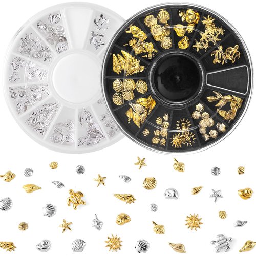 Pndeyo 2 Disc Ocean Nail Art Charms, Beach Starfish Sea Seashell Nail Decal, Alloy 3D Gems Jewelry Decoration Supplies for Manicure DIY Embellishments 12 Style- Silver & Gold