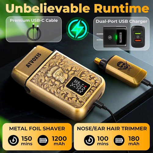 Skiennix All-Metal Foil Shaver - 3-Speed Close Shave with USB-C Fast Charging | Bronze Travel Case Included