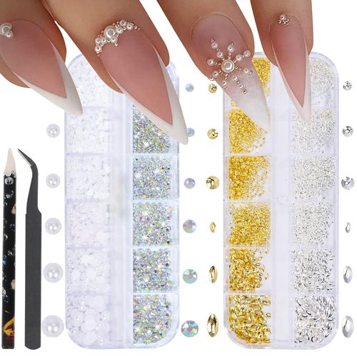DZHILHMX Nail Charms - Metal Silver & Gold Beads, Flatback Half Round Rhinestones, Small Nail Pearls, 3D Mixed Sizes Decorations for Nails Kits
