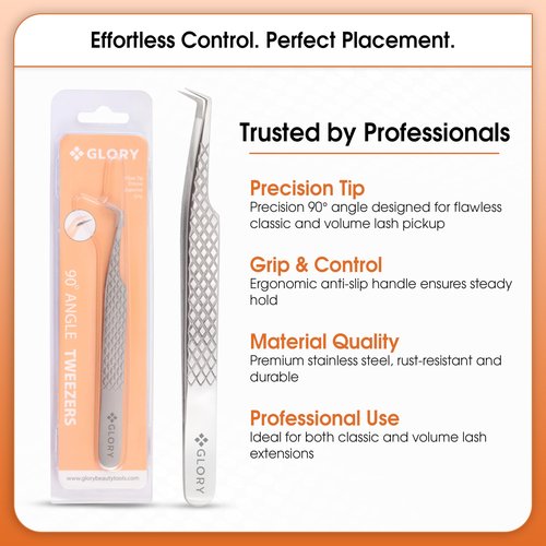 Glory 90 Degree Angle Lash Tweezers for Eyelash Extensions – Precision Fiber Tip Diamond Grip Stainless Steel Lash Tool for Mega Volume, Classic & Professional Lash Tech Supplies