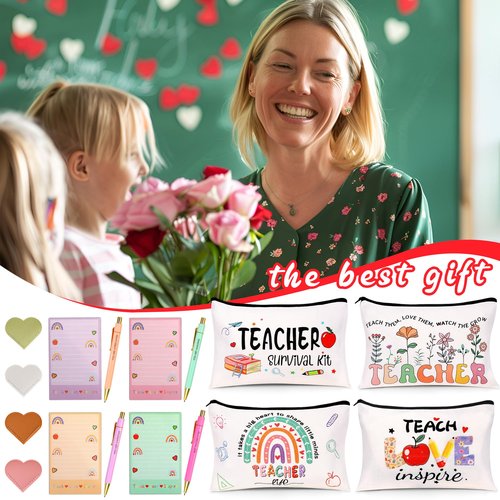 Teacher Appreciation Gifts Bulk, 16Pcs Gifts for Women with Teacher Survival Kit Makeup Bags, Bookmarks, Notepad and Pens, Valentines Christmas Gifts for Appreciation