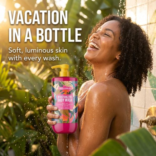 NATURE WELL Cheeky Moisturizing Body Wash, Creamy Formula Infused with Cupuaçu Butter, Provides Gentle Cleansing & Intense Hydration, Deliciously Sweet & Warm Brazilian Nut Oil Scent, 33 oz