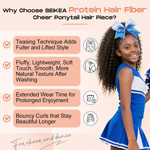 SEIKEA Cheer Ponytail Hair Piece, 100% Super Protein Fiber Curly Cheerleader Hairpiece Lightweight Fluffy Natural Soft 18" Ponytail Extension for Cheerleader Competition, Dance Mocha Melt
