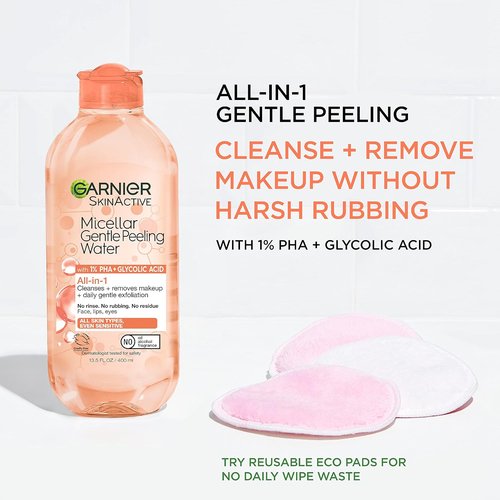 Garnier SkinActive Gentle Peeling Micellar Water - Exfoliating Facial Cleanser with 1% PHA & Glycolic Acid | 2 Pack