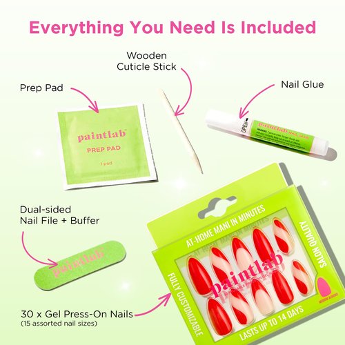 PaintLab Press On Nails Kit for Women – Scarlet Swirl Almond Fake Nails, 30 Nails in 15 Sizes with Glue, Reusable Salon Quality Press On Nails