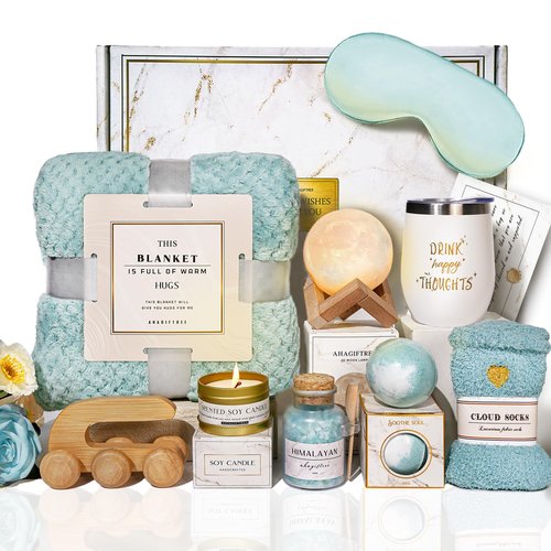 AHAGIFTREE Birthday Gifts for Women Self Care Gifts Get Well Soon Gifts Baskets with Moon lamp for Women After Surgery, 11PC Spa,Thinking of You Gift, Care Package for Mom Friend (Turquoise)