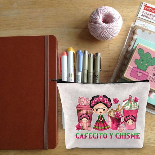 TOBGBE Funny Cafecito Y Chisme Mexican Coffee Cups Makeup Bag Mexican Concha Pun Gift Mexican Themed Bag Mexican Women Gift (Cafecito Bag)