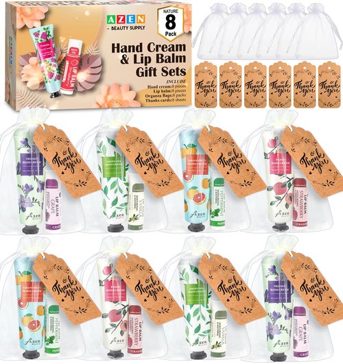 AZEN 8 Sets Bulk Gifts, Hand Cream and Lip Balm Bulk Set with Organza Bag Thank You Card, Baby Shower Wedding Gifts for Guests, Bridal Wedding Favors, Valentines Gift for Women