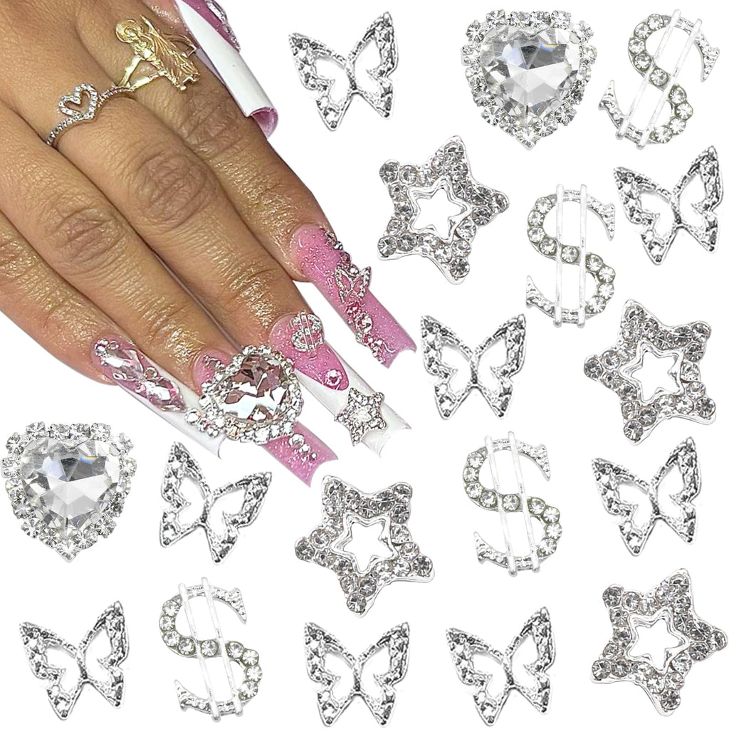 YAEISM Nail Art Charms Kit - 3D Crystal Heart, Sliver Dollar Sign, Metal Butterfly, Silver Rhinestones, Star Nail Gems for DIY Crafts & Jewelry Decoration
