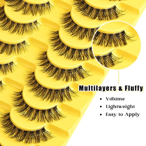 QUNETY Lashes Wispy False Eyelashes Natural Fake Lashes with Clear Band 10 Pairs Cat Eye Lashes Pack Reusable Lashes Natural Look Short Wispies Mink Eyelash Strips Cateye Lashes for Women
