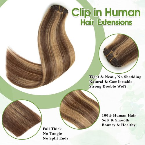 Clip in Hair Extensions Real Human Hair Balayage 14inch Chocolate Brown and Honey Blonde Human Hair Clip in Extensions 100% Human Hair Highlight Seamless Clip ins Extension for Women 8pcs Double Weft