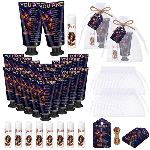 Swiffen 24 Sets Christian Hand Cream and Lip Balm Gift Set Christian Gift for Women Travel Size Hand Lotion Bible Verse Lip Balm Bulk for Baby Bridal Shower Mom Mothers Day Gifts(African American)
