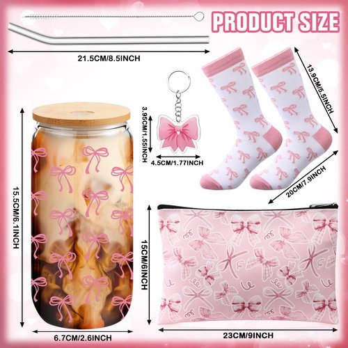 Boao 5 Pcs Pink Bow Gift Set with Bow Glass Cup, Socks, Cosmetic Bag Keychain Coquette Stuff Thank You Gift Box for Girls Women Valentines