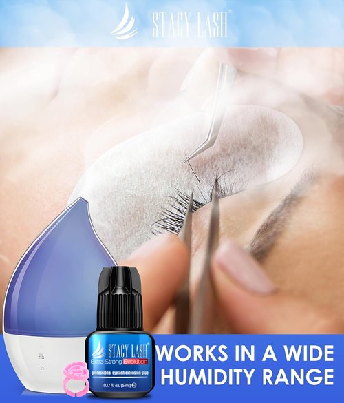 STACY LASH Extra Strong Evolution Eyelash Extension Glue (0.17fl.oz / 5ml) / 0.5-1 Sec Dry/Retention – 8 Weeks/Black Adhesive/Lash Tech Supplies + Glue Ring