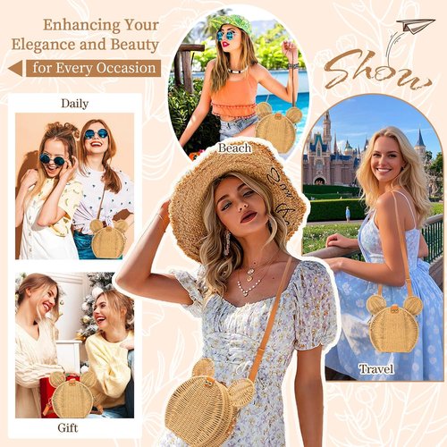 Skiennix Round Rattan Straw Bag - Handmade Cute Mouse Ear Wicker Purse | Crossbody Shoulder Handbag
