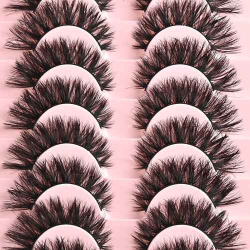 FARRED False Lashes Wispy Natural Strip Eyelashes 14mm Cat Eye Mink Lash Strips Full Volume Fake Cateye Eyelash Pack Natural Look 10 Pairs Short Thick Fluffy Pestañas Postizas for Women