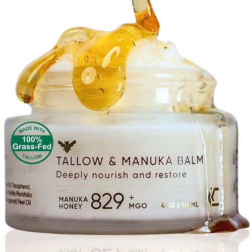 100% Grass-Fed Suet Beef Tallow and Manuka Honey Balm Natural Moisturizer Cream for Face & Body Eczema Relief Cream Moisturizer for Dry Skin Pure Tallow Face Moisturizer for Sensitive Skin