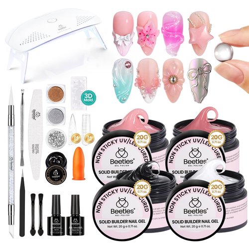 Beetles Solid Builder Gel for Nails,4 Colors Clear Pink White 3D Sculpting Gel Non-Sticky Hand Carving Nail Glue for 3D Nail Art with 3D Mold Chrome Powder Tools Salon DIY at Home,UV&LED Needed