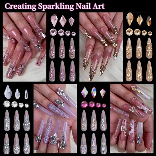EARLMONI 12000PCS Flat Back Rhinestone Kits Pink Rhinestones Silver Face Gems Gold Nail Charms Flatback Pearls + Rhinestone Picker Tool 3D Shapes Nails Jewels for Bedazzling Face Makeup and Nail Art