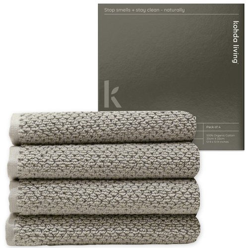 KOHDA LIVING Beige Bathroom Wash Cloths for Face Body & Showering, 4-Pack - Silver Infused 100% Organic Cotton Luxury Washcloths, 600 GSM, 12.9"x12.9" - Soft Thick Lint-Free Bath Wash Cloth Set