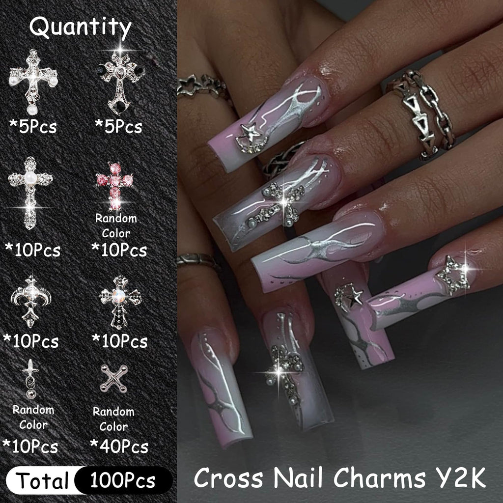 ZUMILLMN 100pcs 3D Cross Nail Charms 8 Styles Metal Nail Art Charms White Gold Silver Gold Black Cross Charms for Nails（100pcs）
