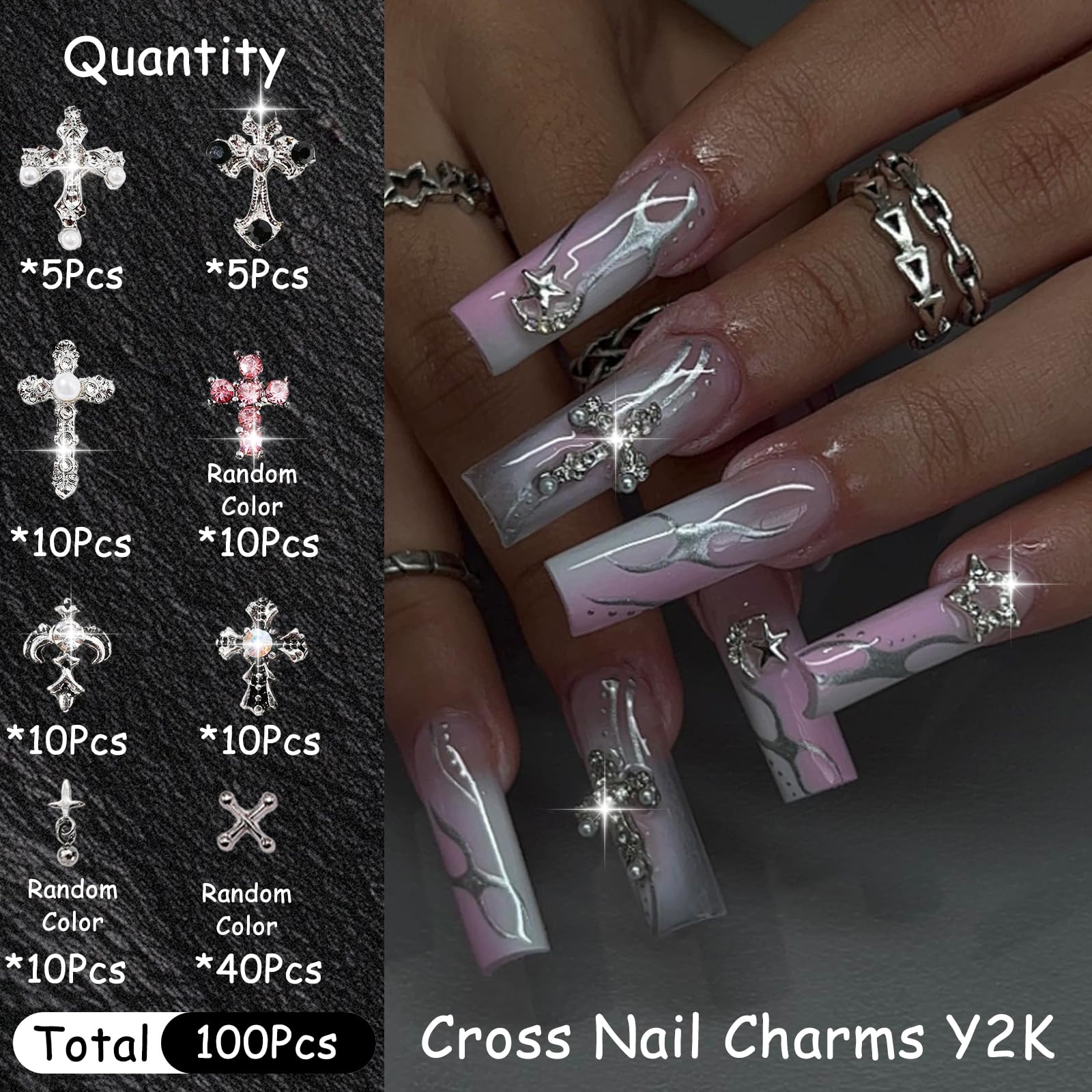 ZUMILLMN 100pcs 3D Cross Nail Charms 8 Styles Metal Nail Art Charms White Gold Silver Gold Black Cross Charms for Nails（100pcs）