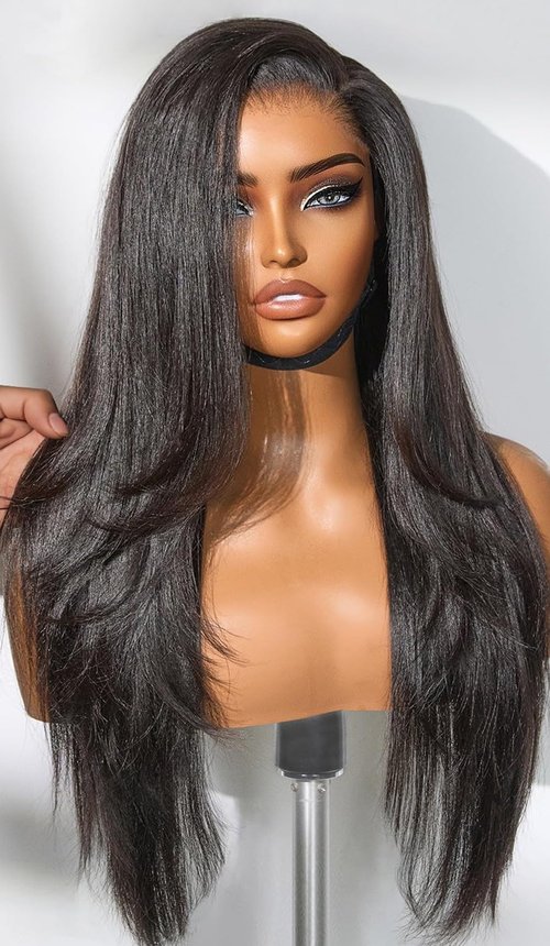 Emistar Layered Straight Synthetic Lace Front Wig for Black Women 13x6 Lace Front Wigs Soft & Natural as Human Hair Pre Plucked with Baby Hair Long Straight Synthetic Wig Natural Black (Black2.0)